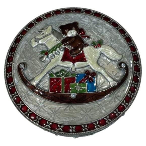Other - Vintage Christmas Jeweled Enameled Trinket Box Mirror Inside Rocking Horse